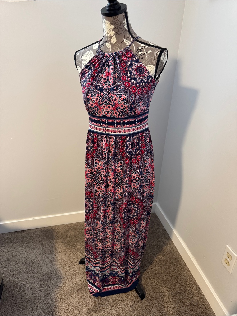 Halter-Neck Pink & Navy Printed Maxi Dress